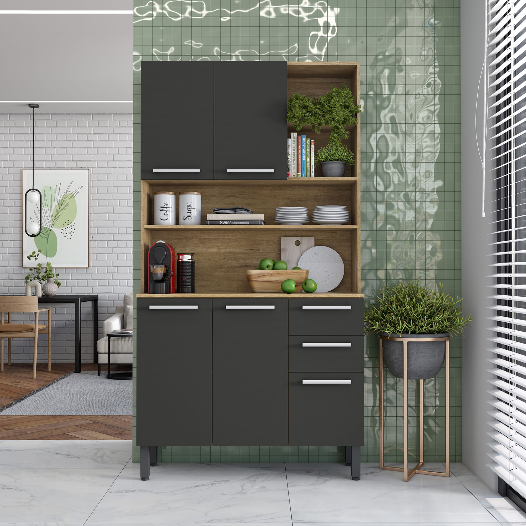 Alacena Despensa De 105 cm Con Mesón En MDP Negro - Home Sentry